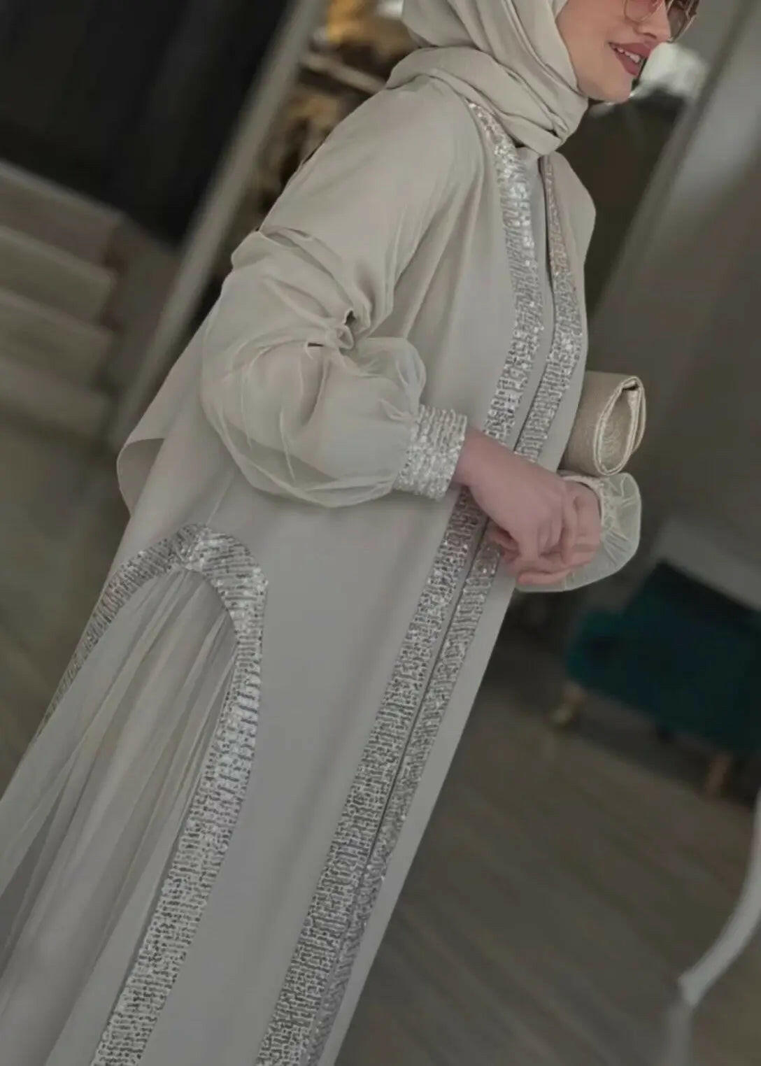 Elegant style open front silver abaya dress with sparkles for all occasions and daily life plus outings 