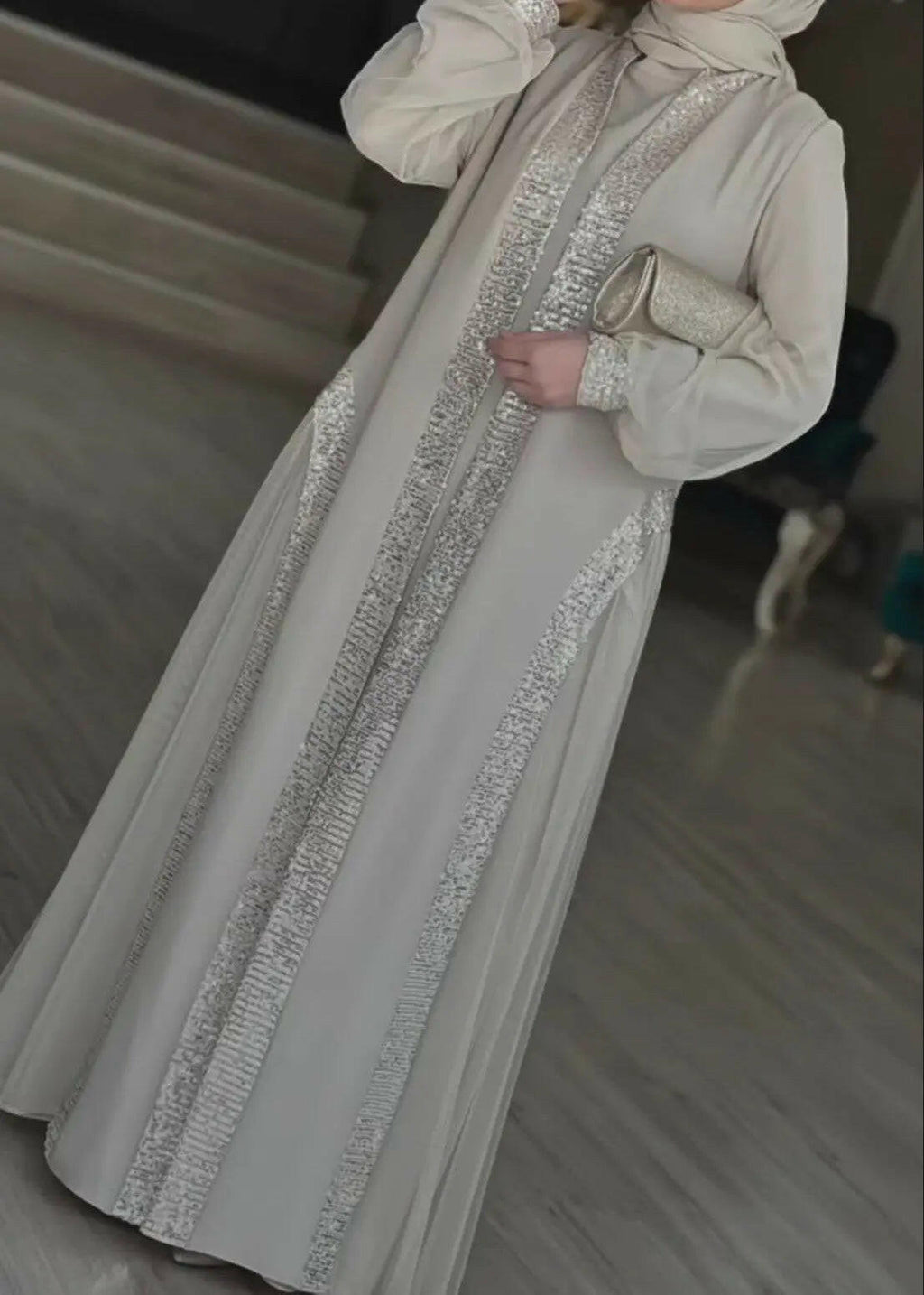 Elegant style open front silver abaya dress with sparkles for all occasions and daily life plus outings 