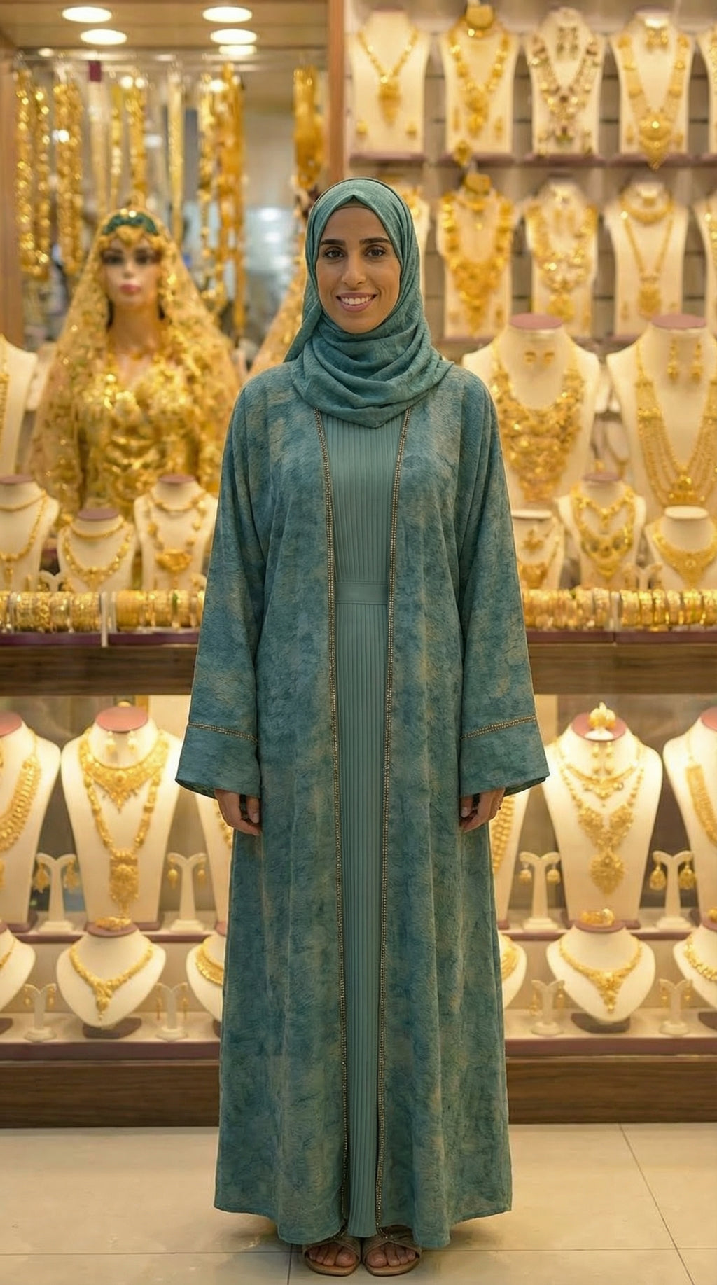 TEAL GREEN & GOLD DUBAI ABAYA & HIJAB SET