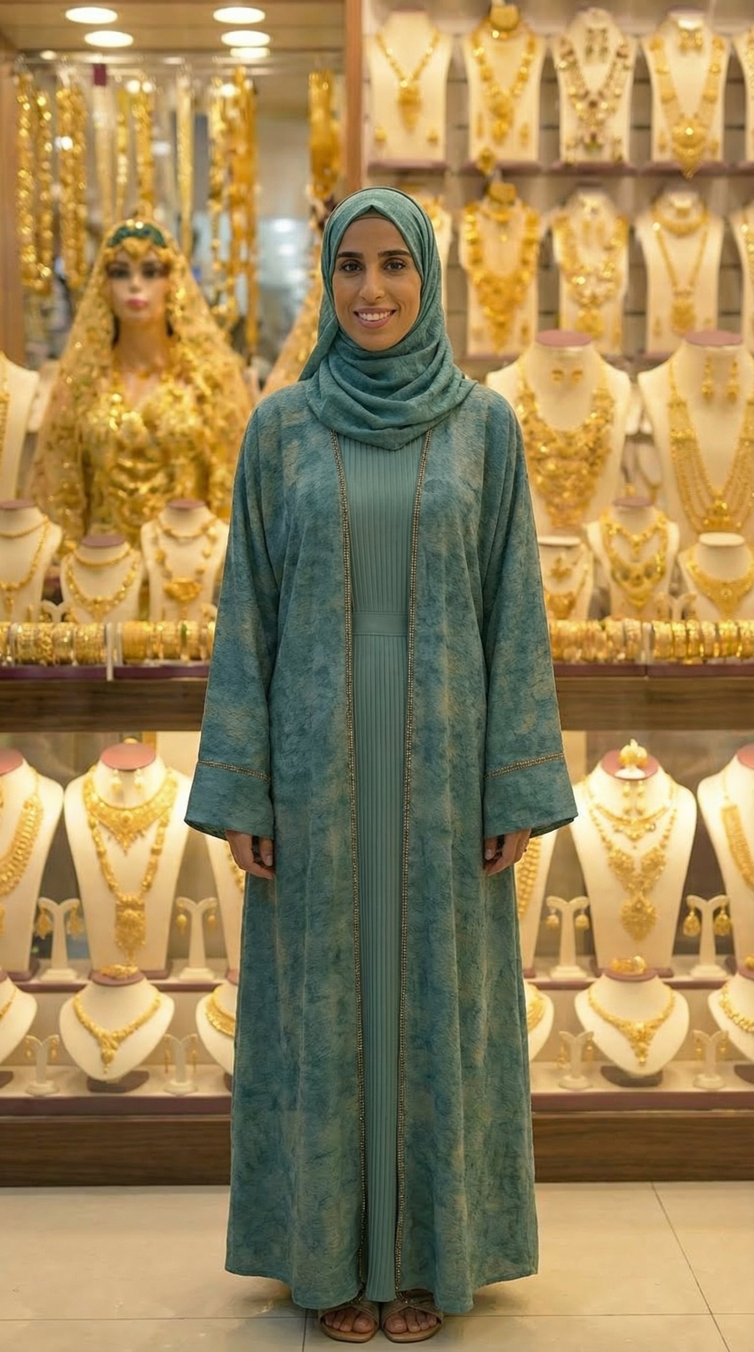 Olivgrünes 4-teiliges Abaya aus Seidensatin mit offener Vorderseite und Kleid, Kimono + Gürtel + Hijab, Schleier für Damen, arabische Frauen