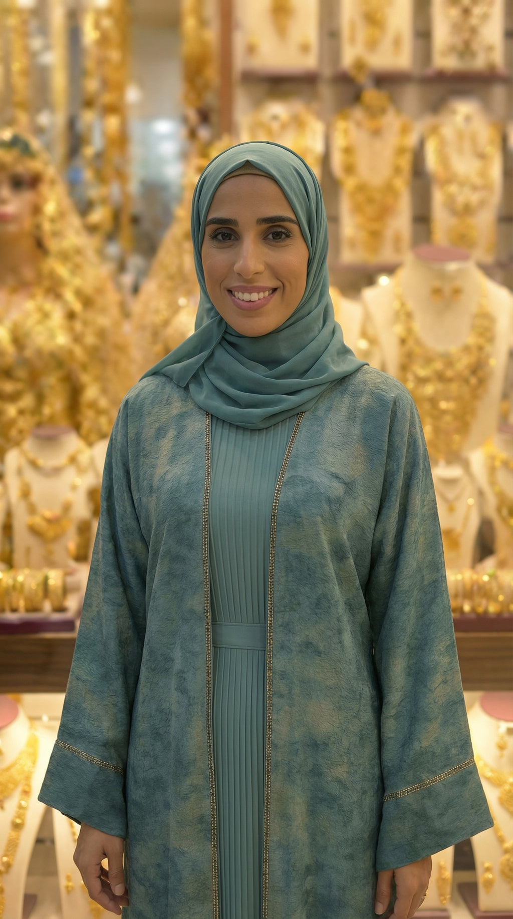 TEAL GREEN & GOLD DUBAI ABAYA & HIJAB SET