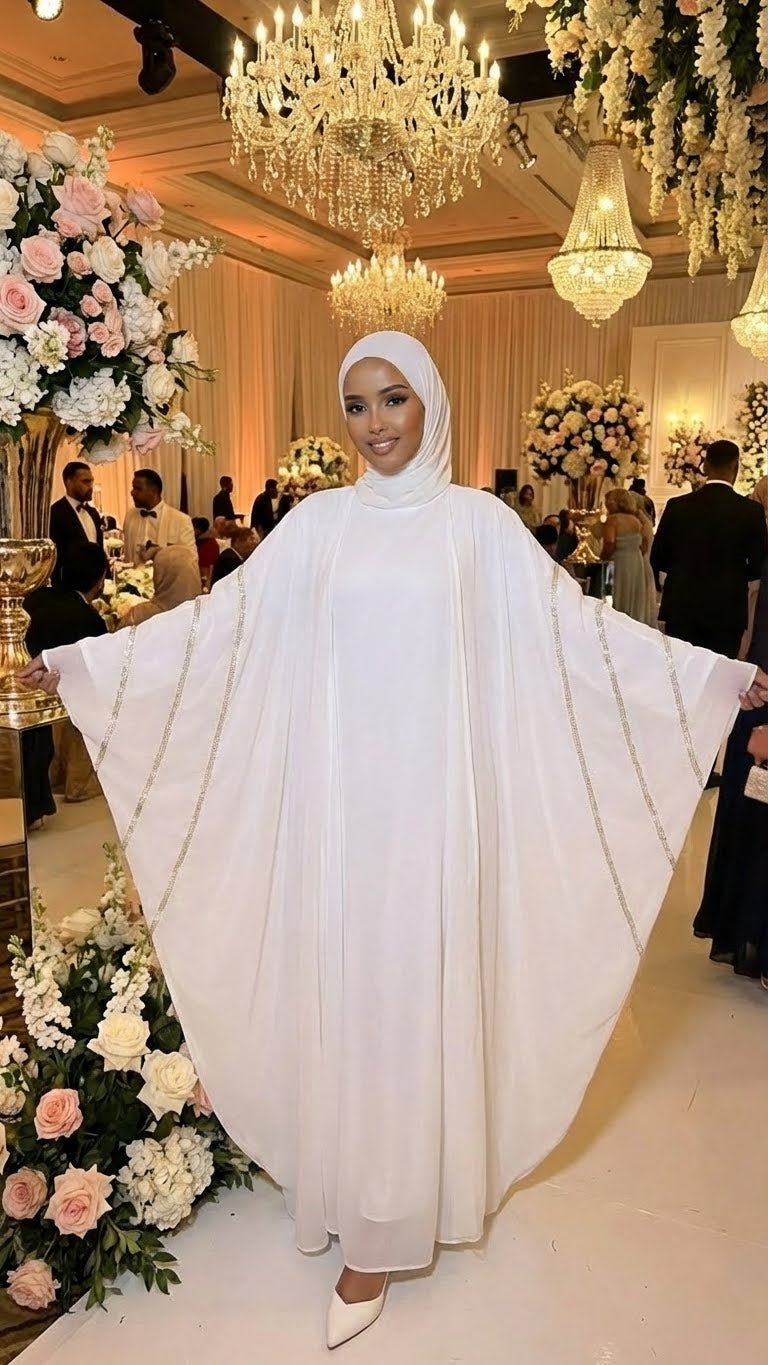 WHITE BUTTERFLY BRIDAL DRESS ABAYA & HIJAB SET