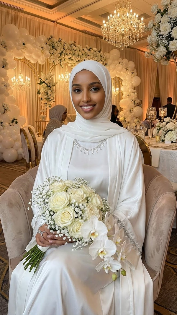 WHITE DIAMOND SILK BRIDAL ABAYA HIJAB SET