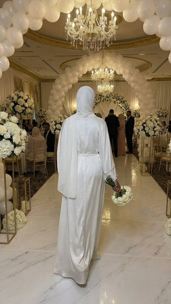 WHITE DIAMOND SILK BRIDAL ABAYA HIJAB SET