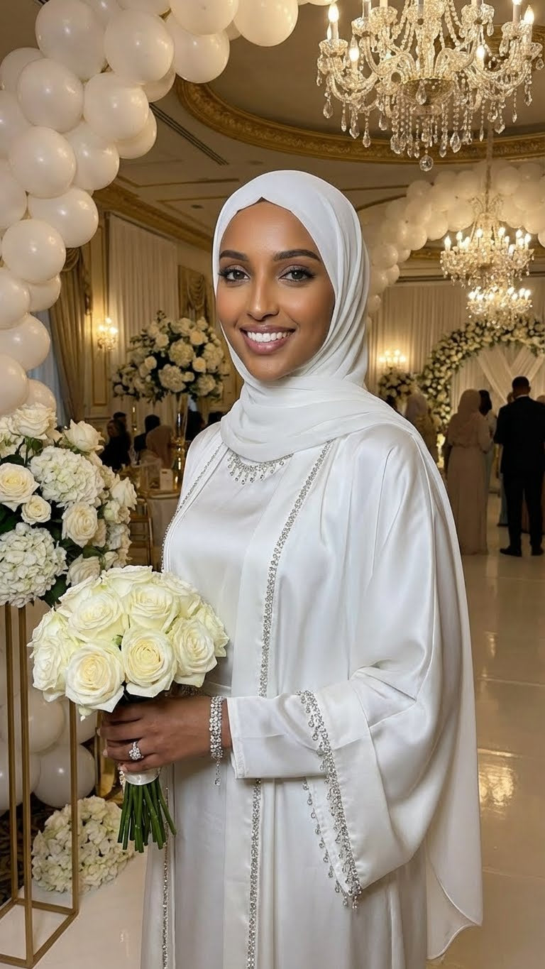 WHITE DIAMOND SILK BRIDAL ABAYA HIJAB SET