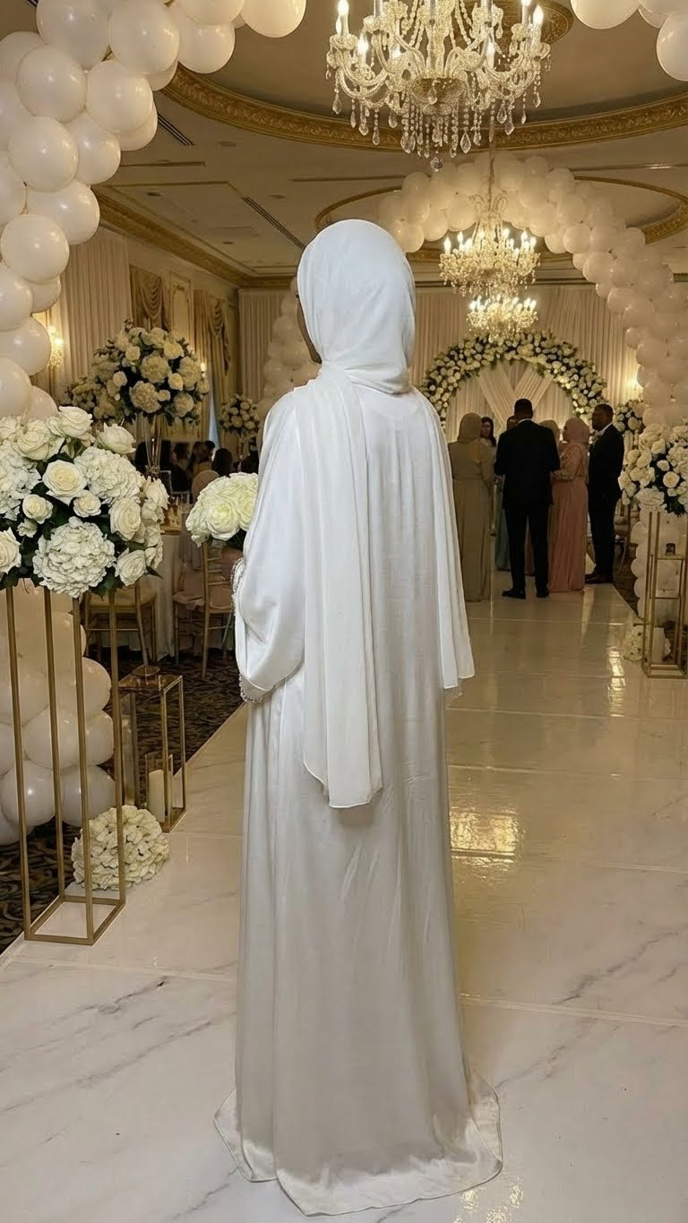 WHITE DIAMOND SILK BRIDAL ABAYA HIJAB SET