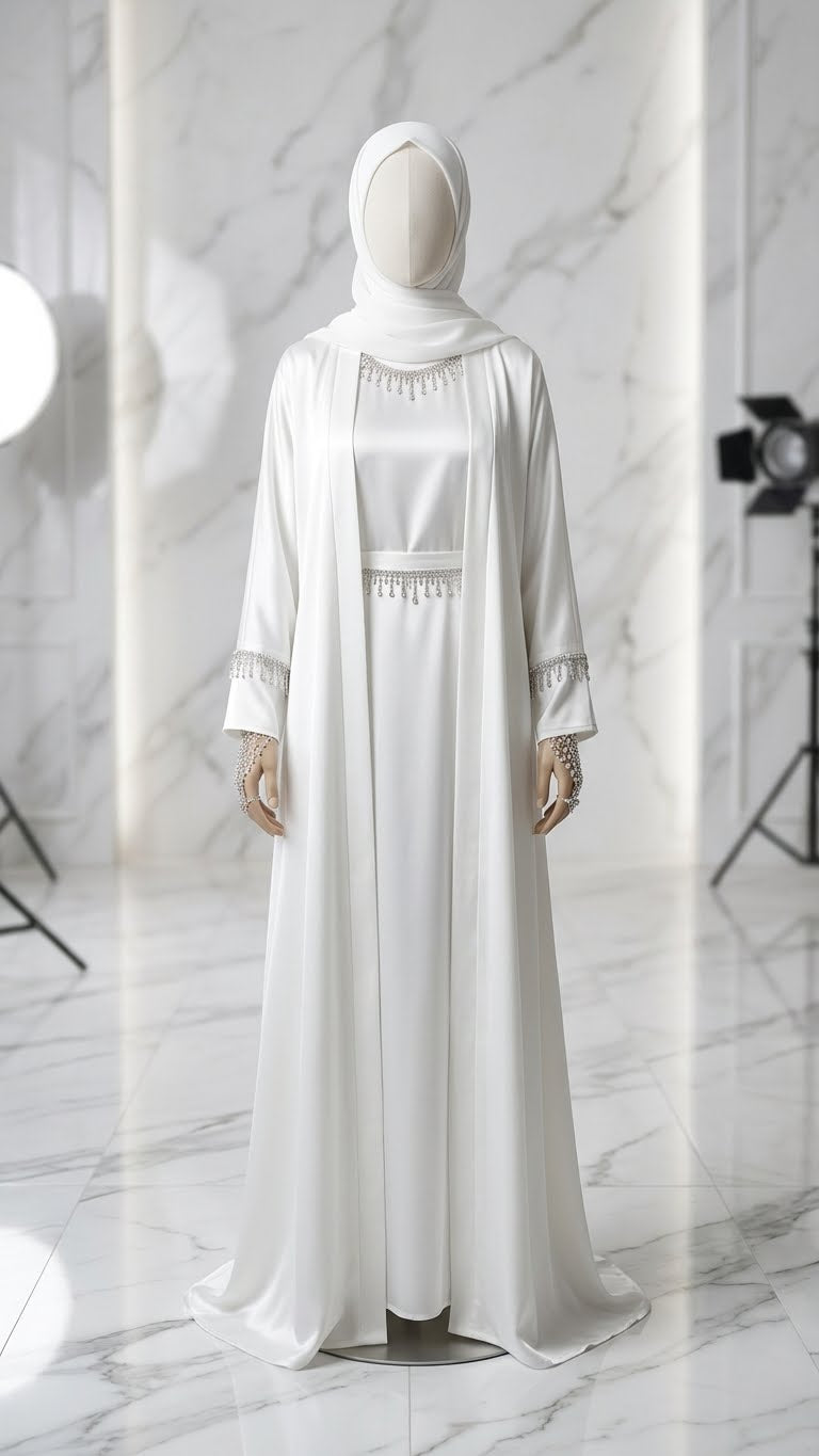 WHITE DIAMOND SILK BRIDAL ABAYA HIJAB SET