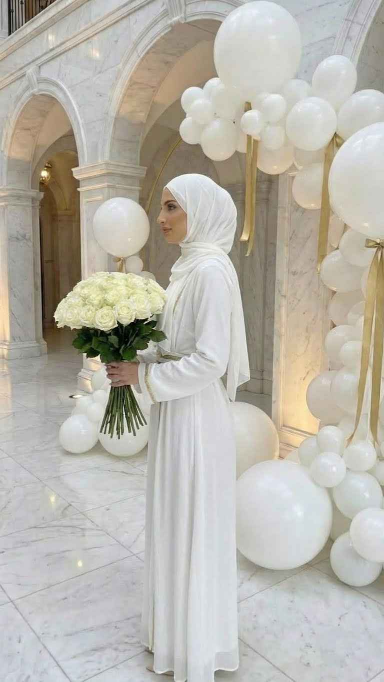 WHITE DUBAI ISLAMIC BRIDAL DRESS & HIJAB