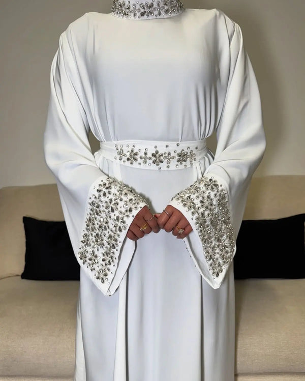Lorah- White Sparkly Abaya – Radiant Modesty for Elegant Occasions ABAYA ONLINE