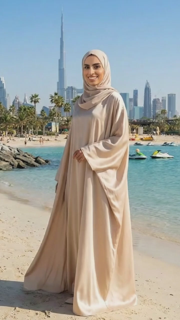 BEIGE SILK DUBAI ABAYA & HIJAB SET