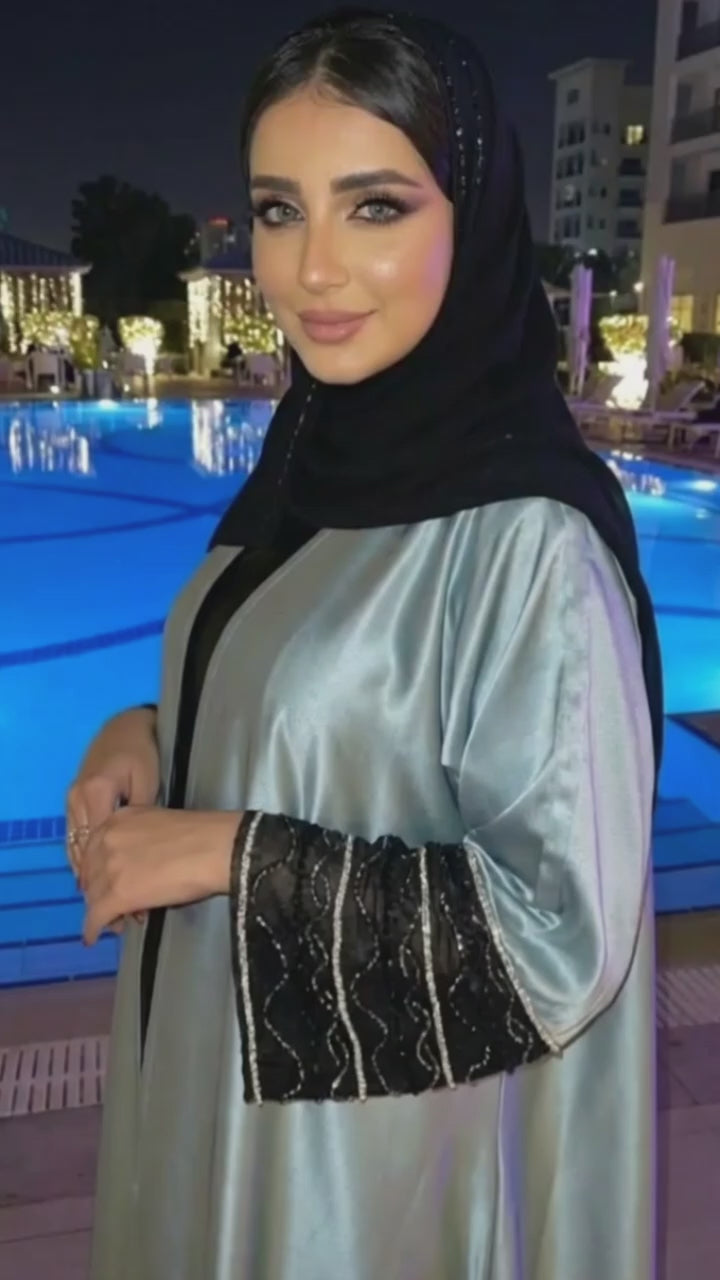 CLASSY ZARA BLUE & BLACK SILK ABAYA HIJAB SET