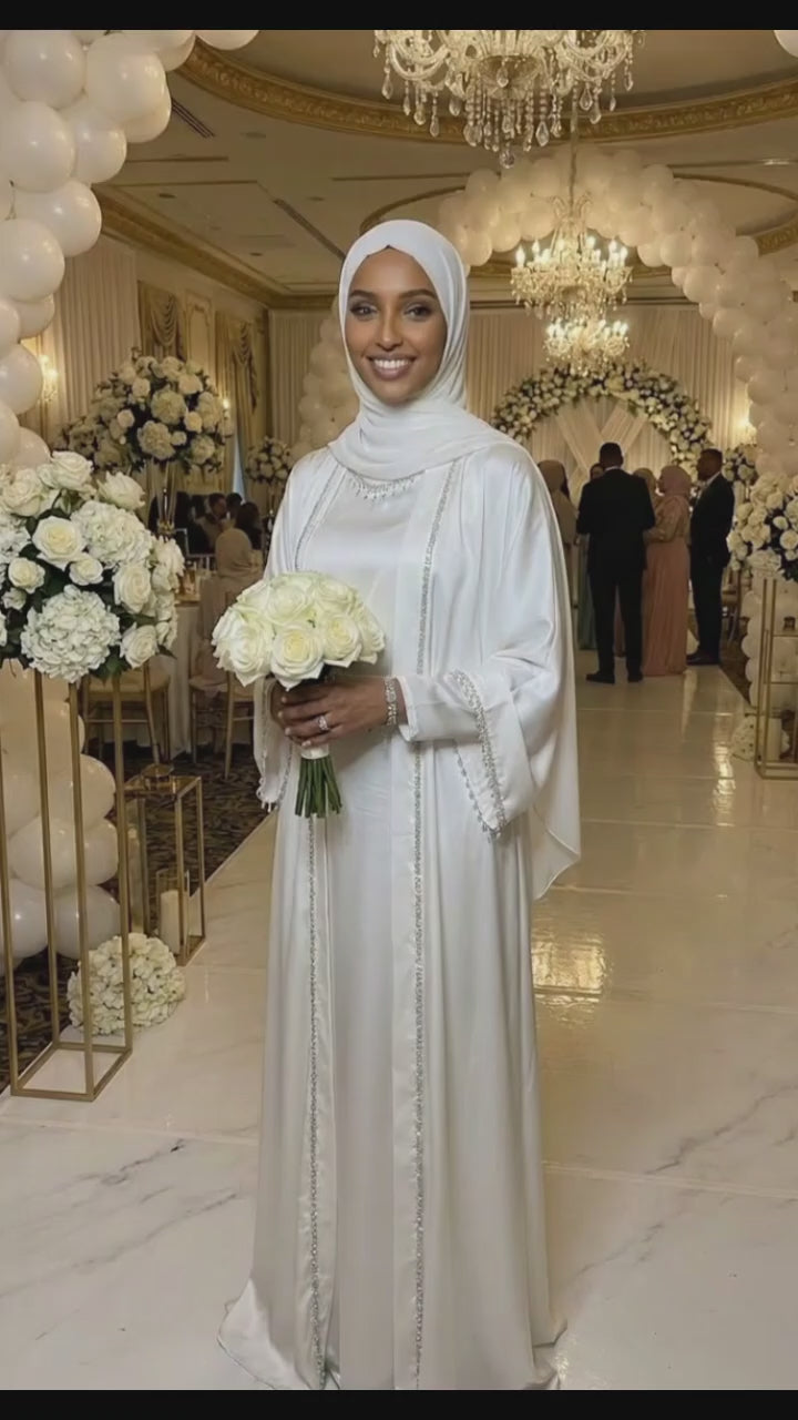 WHITE DIAMOND SILK BRIDAL ABAYA HIJAB SET