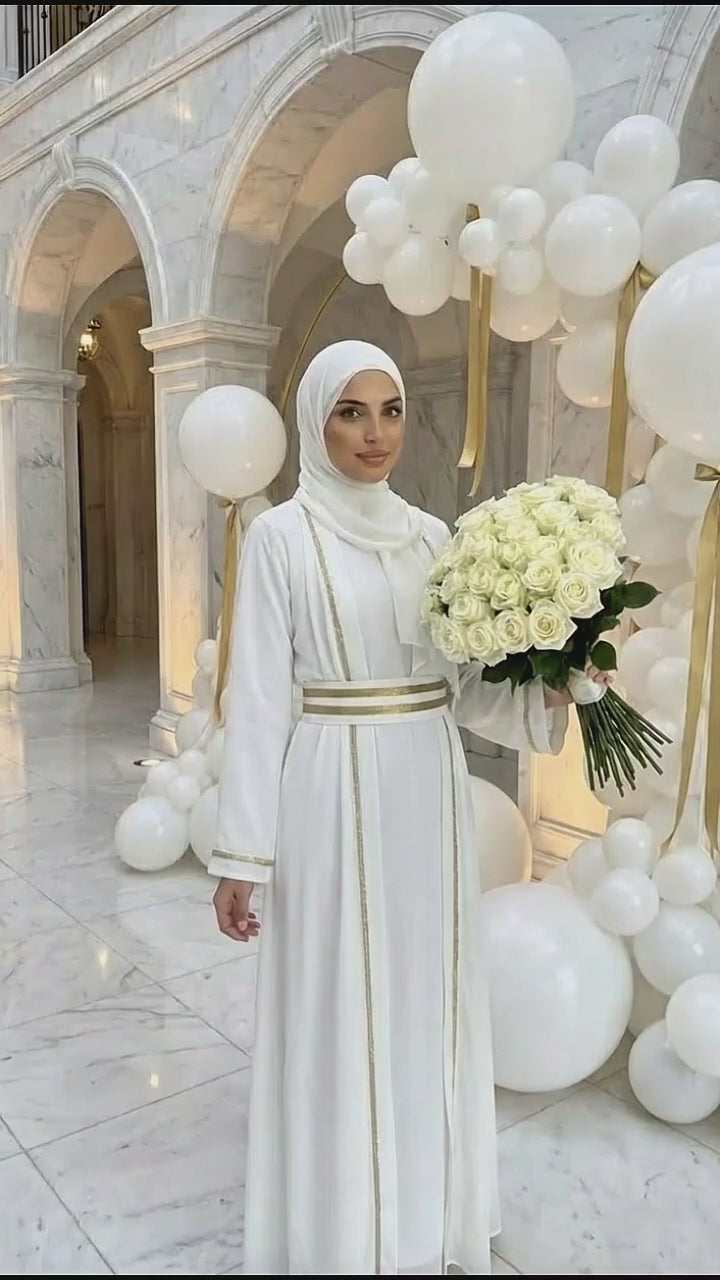 Hergestellt in Dubai – Hochwertiges dreiteiliges Set, weißes Abaya-Kleid + Hijab-Schleier, Dubai-Kleid für die Freizeit, Ramadan-Outfit, Eid-Feiern und Jubiläen | abaya-online.com
